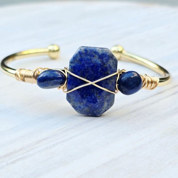Lapis Lazuli Triple-Stone Wire Wrap Cuff – 14Kt Gold Over Copper – Handmade NWT - Picture 4 of 10